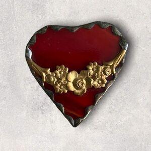 Vintage Red Heart Enamel Brooch Pin With Gold Toned Flowers Size 2"x 2"